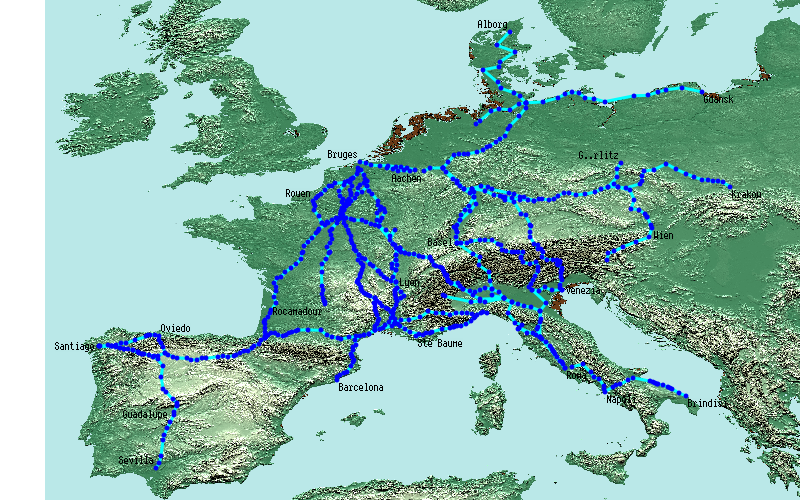 Map of places mentioned in Bruges Itineraries